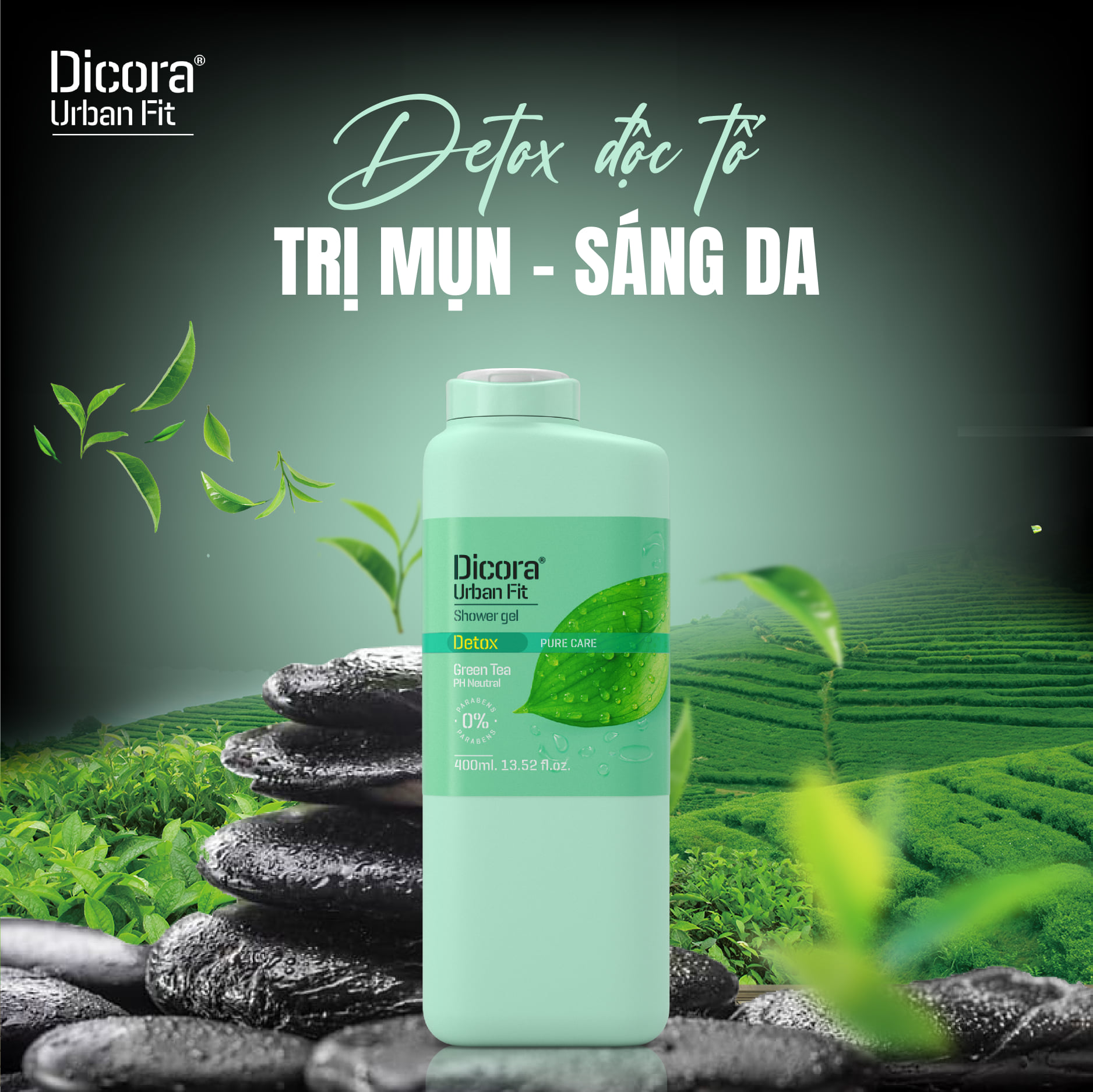 Sữa Tắm Detox Dicora Urban Fit Pure Care Green Tea Trà Xanh Dưỡng Ẩm Da Chiết Xuất Cỏ Vetiver & Nhân Sâm Làm Sạch Sâu, Sảng Khoái 400~750ml