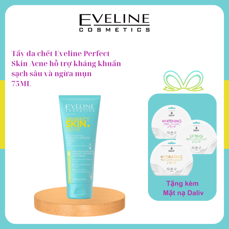 [Tặng Mặt Nạ Daliv] Tẩy da chết Eveline Perfect Skin Acne sạch sâu, kháng khuẩn và ngừa mụn 75ML