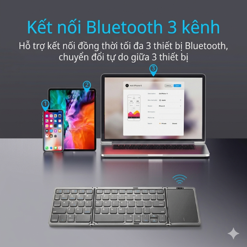 Bàn phím Gấp gọn mini không dây Bluetooth B89T có chuột touchpad - pin sạc TypeC cho PC Laptop điện thoại máy tính bảng- HÀNG NHẬP KHẨU
