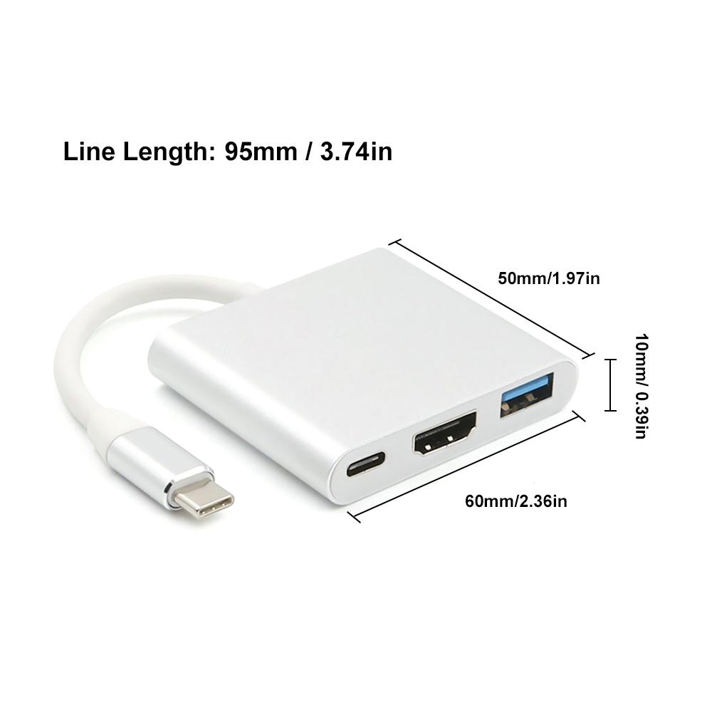 USB3.1 Type-C sang Giao diện đa phương tiện độ nét cao Bộ chuyển đổi 4k 3 cổng Thiết bị chuyển đổi Cáp hỗ trợ Tương thích cho - Bạc