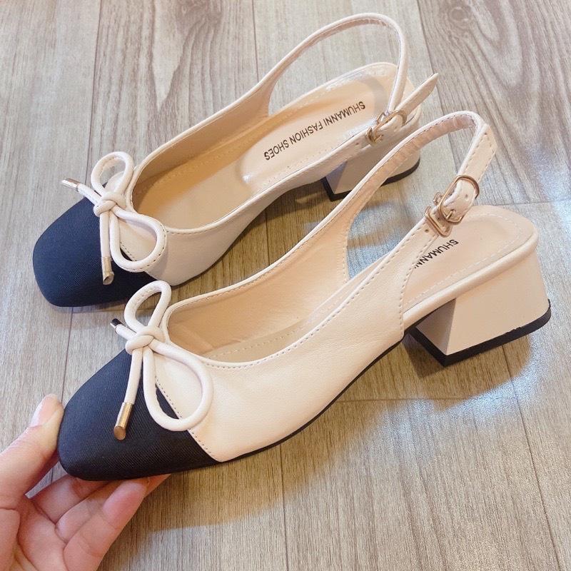 Giày sandal dáng slingback nữ mũi tròn đen phối nơ xinh xắn đế 3cm 2 màu đen trắng phong cách công sở nữ tính - Mã G55