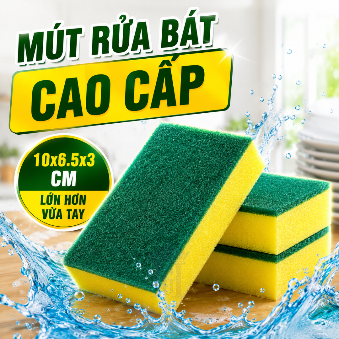 Mút Rửa Bát Cao Cấp HG Home 10x6.5x3cm - Dày Hơn, Cầm Chắc Tay, Cọ Sạch Nhanh, Không Cong Vênh