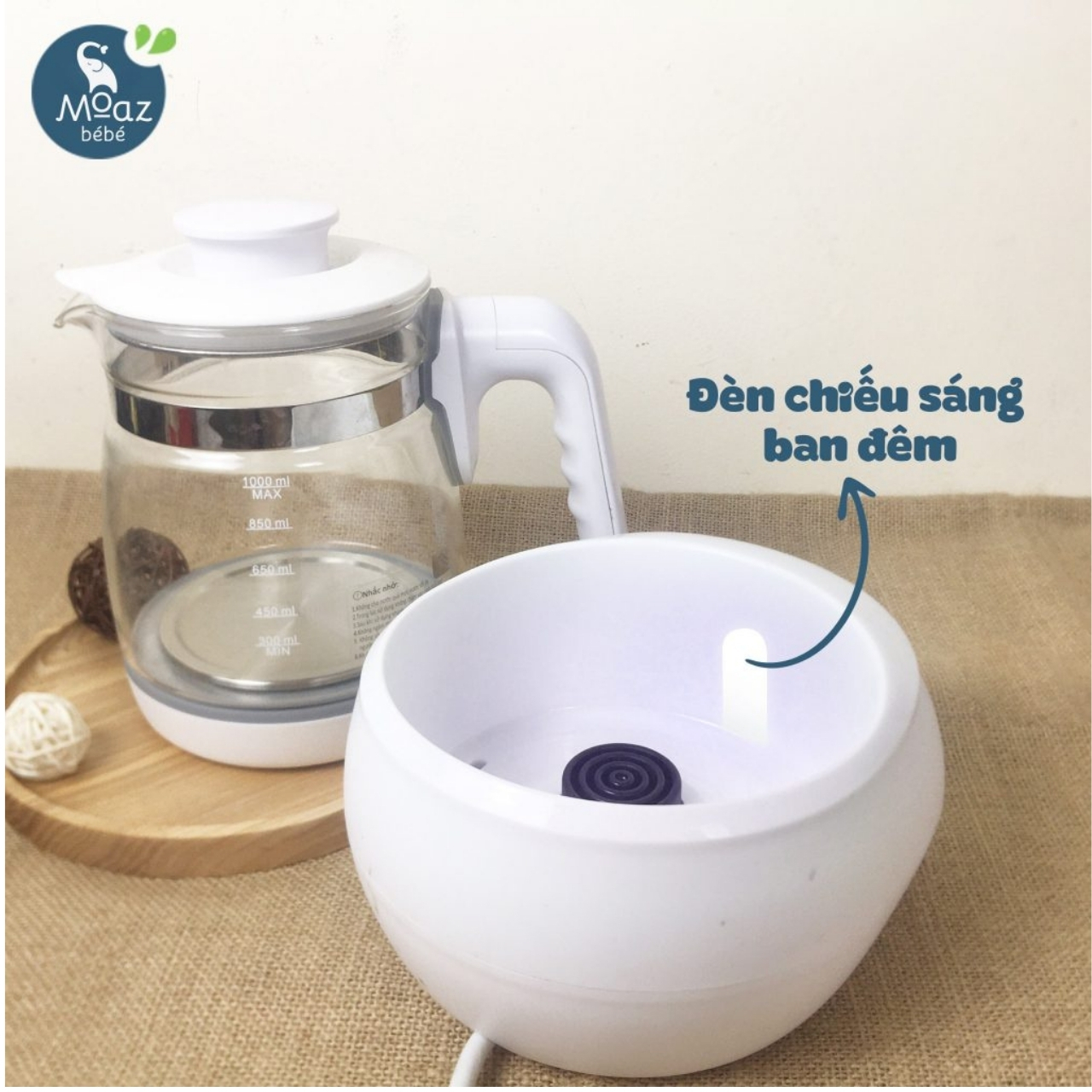 Bình Đun Nước Thông Minh Moazbebe MB-002 - Giữ Nhiệt 24 Tiếng, Có Đèn và Khử Clo Tự Động - Hàng Chính Hãng