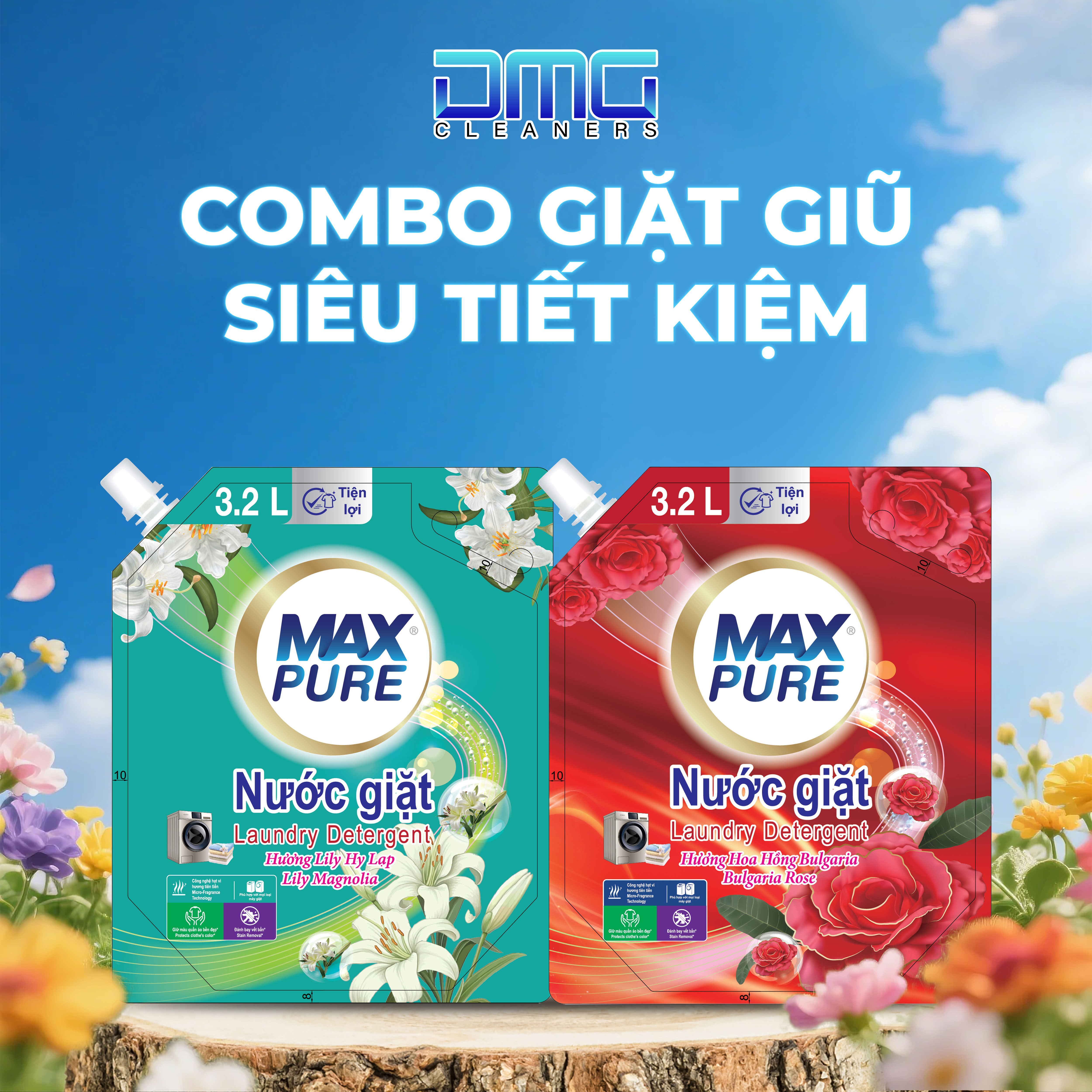 Combo Giặt Giũ Siêu Tiết Kiệm 2 Túi Nước Giặt Maxpure Hương Lily Hy Lạp (Túi 3.2L) - Sạch Sâu & Thơm Lâu (Tổng 6.4L)