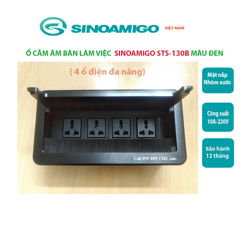 Ổ điện âm bàn văn phòng Sinoamigo STS-130B màu đen, thiết kế nắp lật, mặt nắp nhôm xước dễ bền đẹp, Ổ cắm lắp theo yêu cầu: điện, lan, tel, hdmi, vga, usb sạc