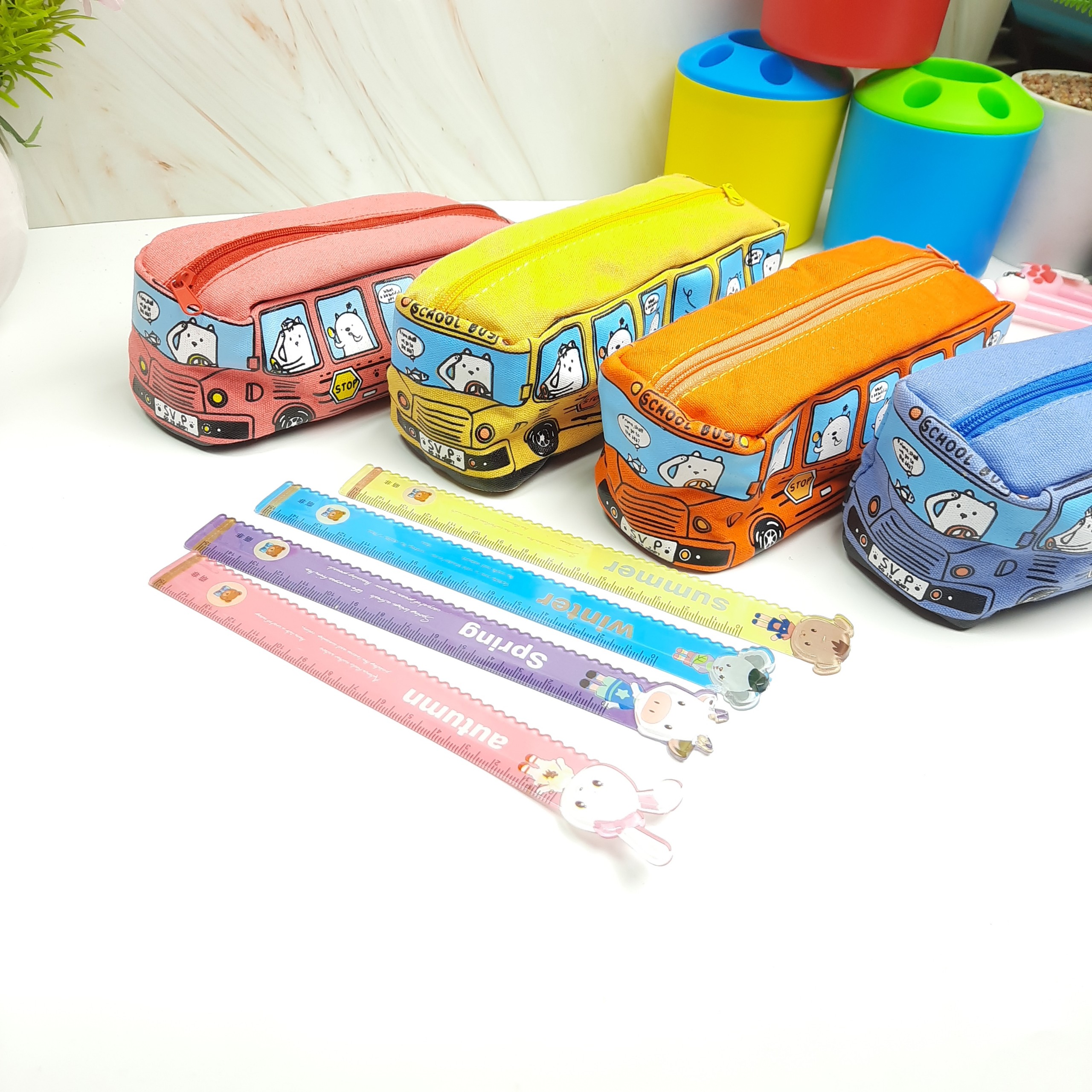 [Combo] Bóp Viết Hình Xe Bus Vàng Và Thước Kẻ Nhựa 15cm Có Răng Cưa Summer