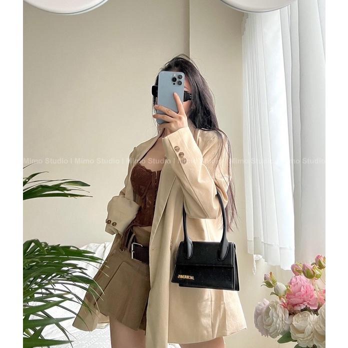 Bra corset lưng đan dây - Váy kaki nâu kèm belt