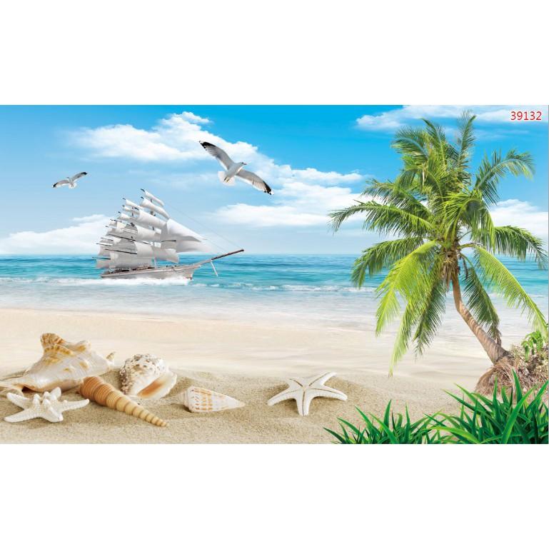 Tranh dán tường cảnh biển 3d đẹp giá rẻ chất liệu decal pp keo sẵn bóc dán atk