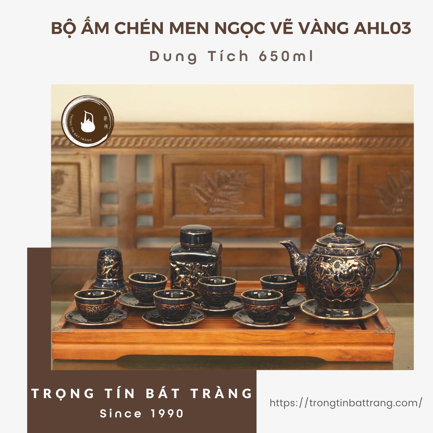 Bộ Ấm Chén Gốm Sứ Bát Tràng Vẽ Vàng Họa Tiết Liên Hoa Dáng Long Đán Dung Tích 650ml AHL 03