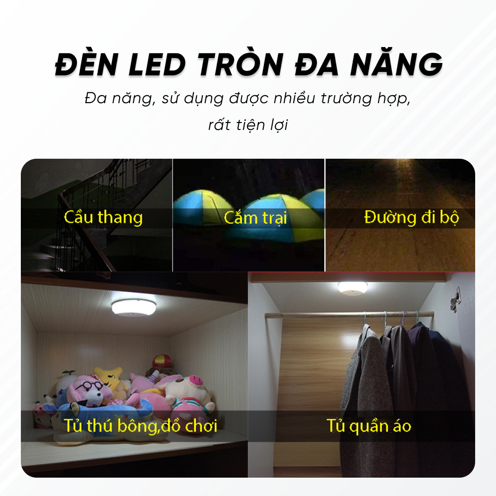 Đèn Led Tròn Đa Dụng Sử Dụng Pin Sạc | Đèn Led Tròn Đa Dụng Gắn Trần Xe Ô Tô, Tủ Quần Áo Sạc Pin Tiện Lợi, Dễ Dàng Sử Dụng, Cường Độ Sáng Tốt