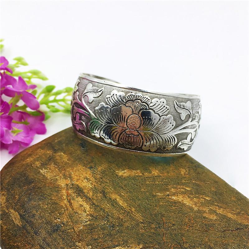 Women Bohemian Bracelet Cuff Peony vintage Tibetan Tibet Carved Silver Totem Bangles Accessories