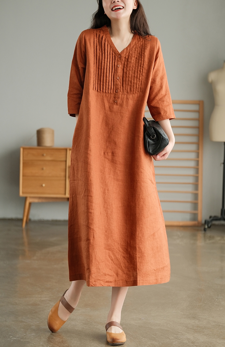 Đầm linen suông nữ thiết kế cổ xẻ xếp li, tay lỡ phong cách thanh lịch Đũi Việt