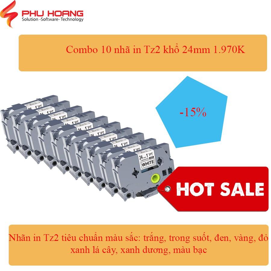 Combo 10 nhãn in Tz2, Hze, Pze khổ rộng 24mm, đa lớp, chống trầy xước, chống thấm