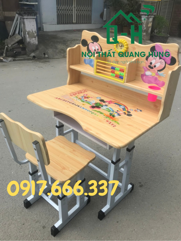 BỘ BÀN HỌC SINH IN 3D CHUỘT MICKEY MÀU  KEM CHỐNG GÙ, CẬN CHO BÉ HỌC TẠI NHÀ