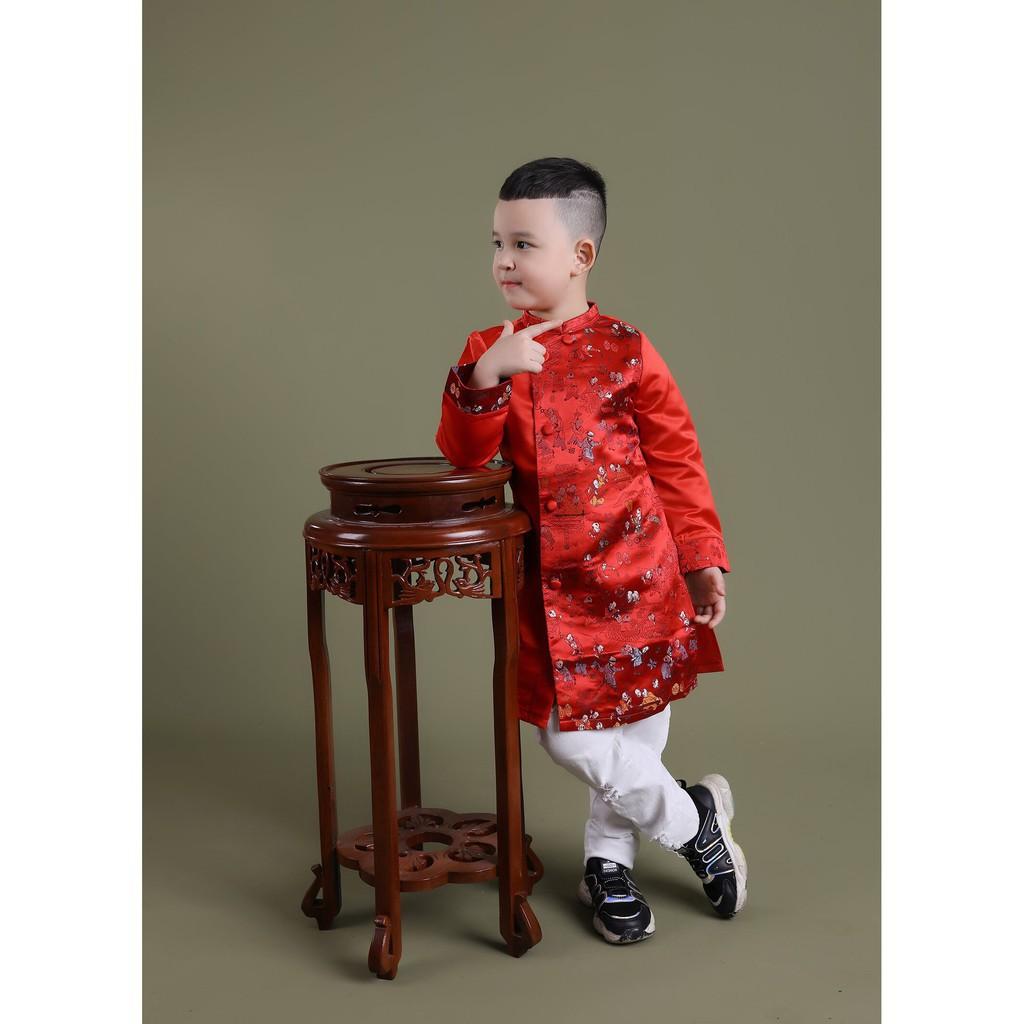 ĐỒ MẶC TẾT CHO BÉ - Áo dài gấm phối hình dài tay, khóa lưng bé trai size 1-10T, cho bạn từ 10-30kg. Chất gấm siêu đẹp