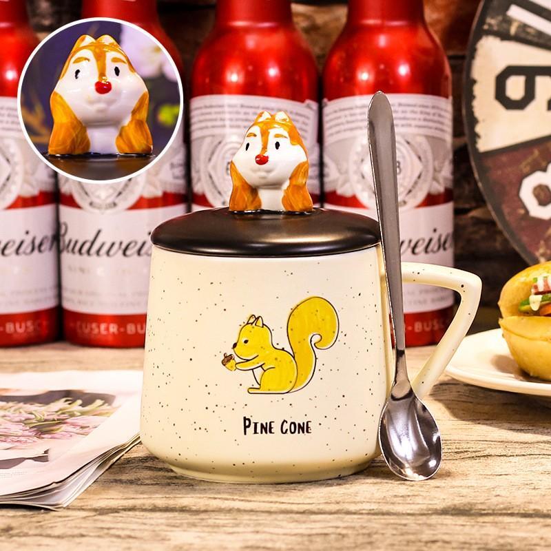 Cốc Uống Cafe Chú Sóc Dễ Thương 3D Vẽ Tay - Ly Uống Nước Có Nắp Và Thìa 400ml