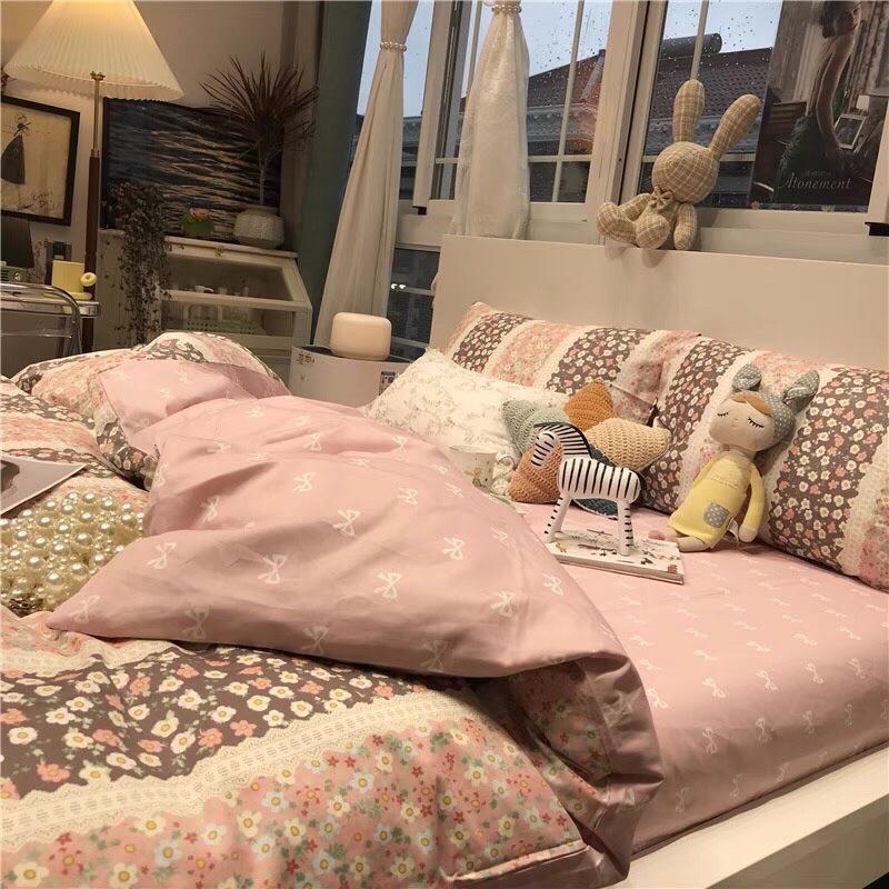 Bộ Chăn Ga Gối Cotton 100% Hàng Nhập Khẩu 4 Món Hoa Dây Ngang Siêu Xinh Với 4 Tông Màu