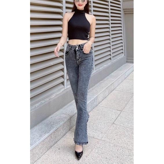 Quần Jeans Nữ Ống Loe Dài Lưng Cao Co Giãn Màu Xám