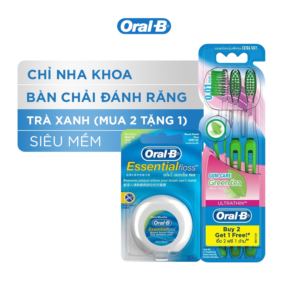 Combo Chăm Sóc Răng Miệng Toàn Diện (Vỉ 3 Bàn Chải Đánh Răng ORAL-B Trà Xanh (Mua 2 Tặng 1) + Chỉ Nha Khoa ORAL-B Essential Mint (Hộp 50m)