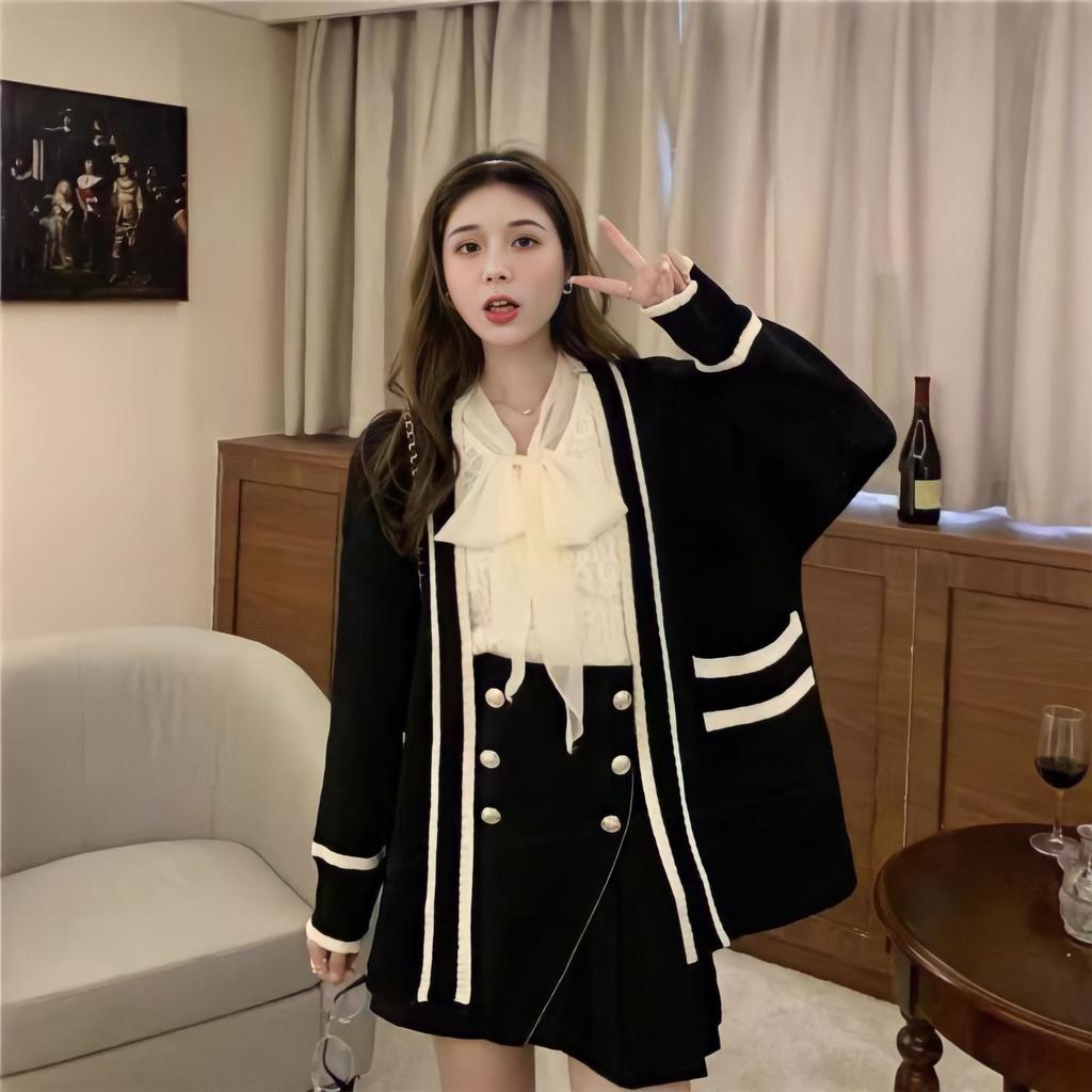 Áo Khoác Cardigan Len Nữ Chạy Sọc Túi Trước Dáng Dài Cúc Cài