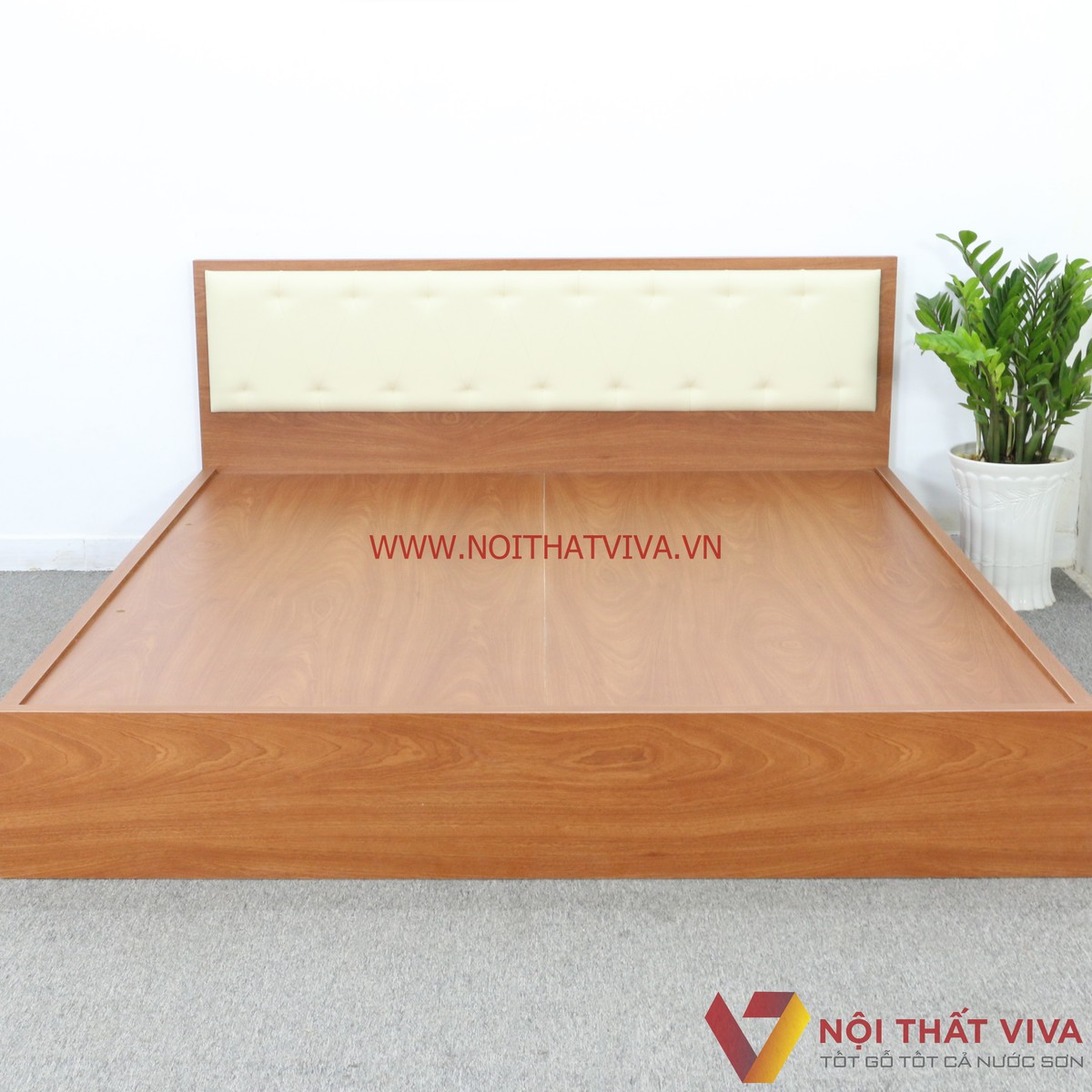 Giường Ngủ Gỗ MDF Melamine Màu Xoan Đào Có Đầu Nệm Kem Đẹp