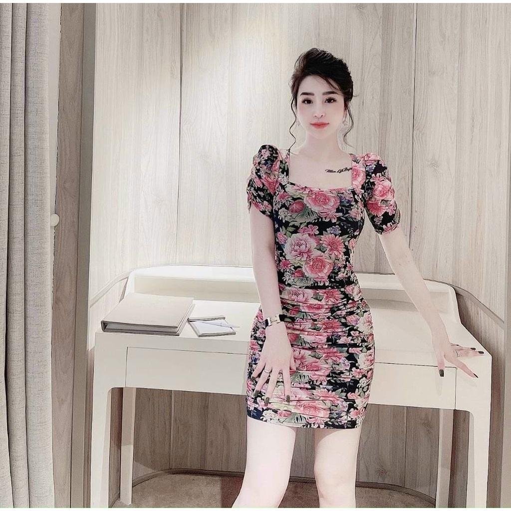 Đầm body nhún xếp ly hoạ tiết hoa sang chảnh