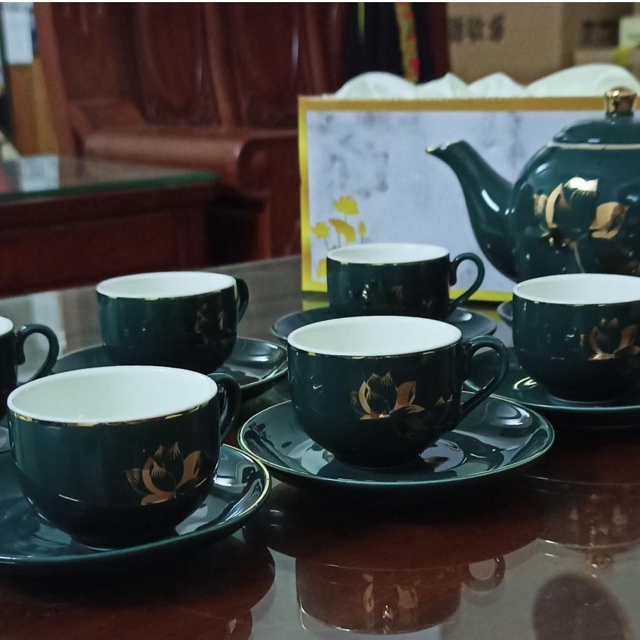 Bộ Ấm Chén Sứ,Bộ Tách Pha Trà Cà Phê Cao Cấp Màu Xanh Cổ Vịt Họa Tiết Hoa Sen Sang Trọng