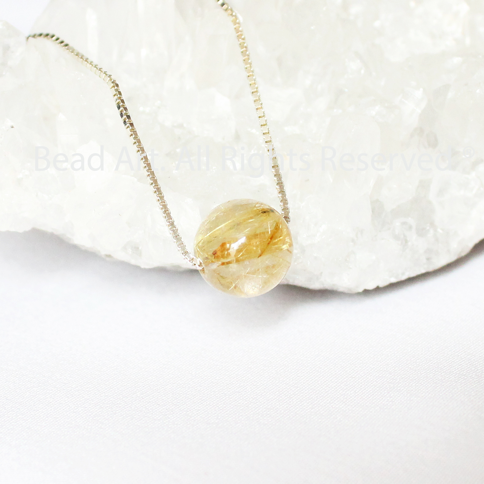 Dây Chuyền 9MM Thạch Anh Tóc Vàng Tự Nhiên, Golden Rutilated Quartz Và Bạc 925, Thổ, Kim, Vòng Cổ, Đá Phong Thuỷ - Bead Art