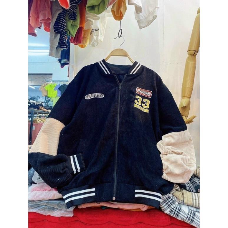 Áo Bomber Nhung gân thêu 33 sticker siêu đẹp Form rộng Unisex Nam Nữ Couple thời trang kim gia