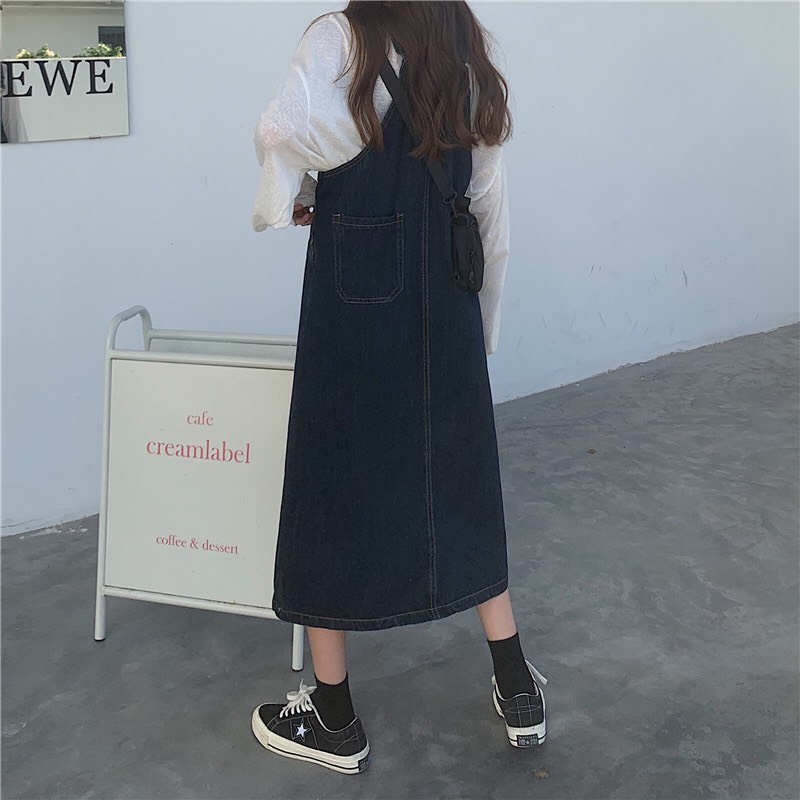 Yếm Váy Jean Xanh Chỉ Nổi - Leda