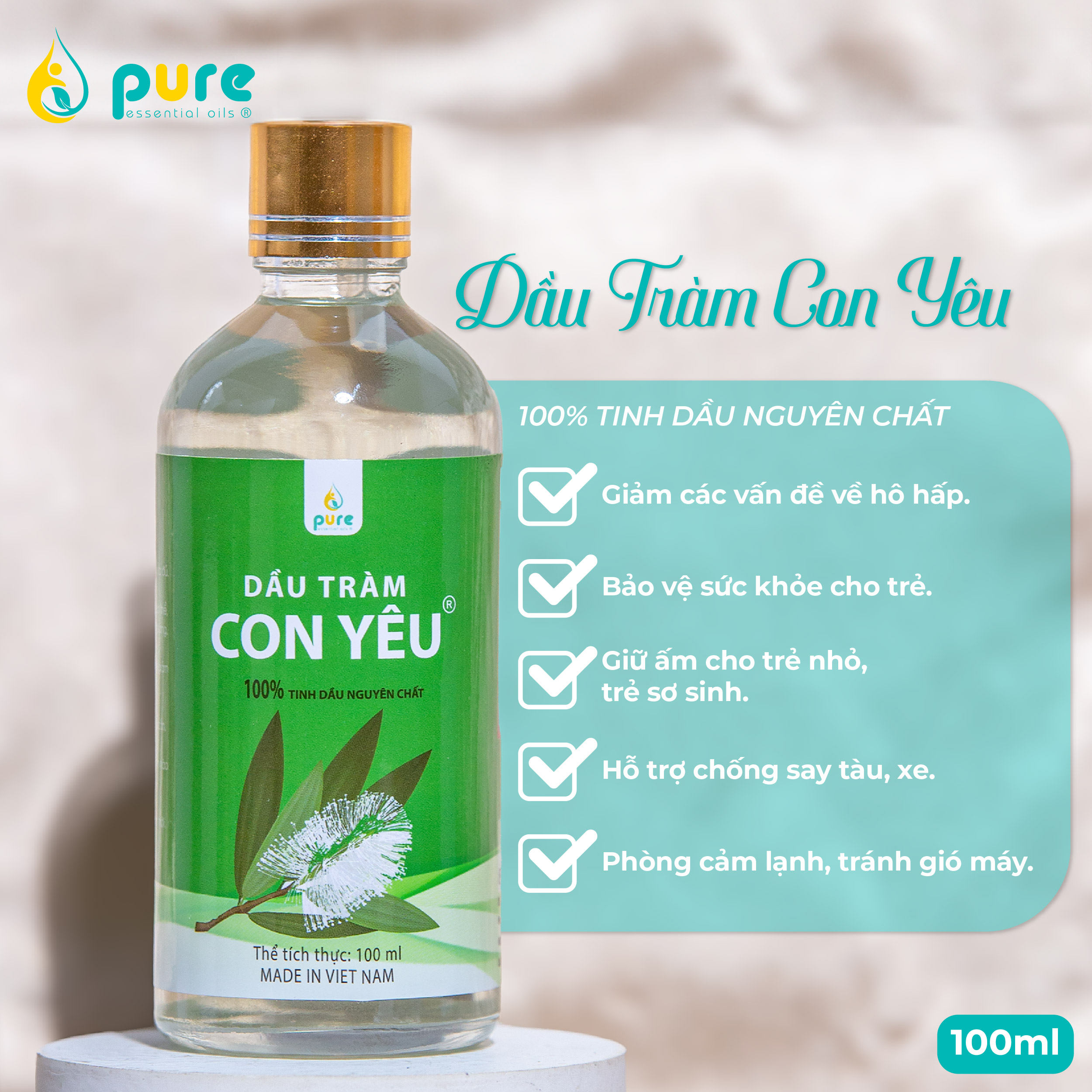 Dầu Tràm Con Yêu 100% tinh dầu thiên nhiên - Giúp làm ấm người, phòng cảm lạnh chai 100ml - Tinh dầu thiên nhiên, an toàn cho sức khỏe gia đình