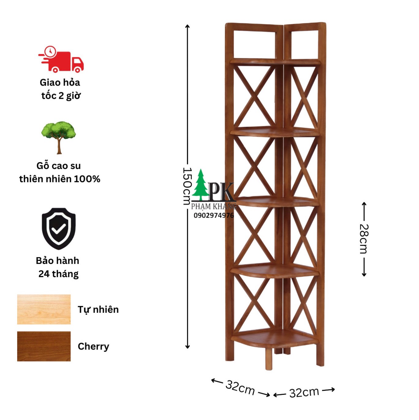 Kệ góc gỗ 5 tầng Phạm Khang - Gỗ cao su tự nhiên màu Gỗ Tự Nhiên/ Vàng Cherry - Kích thước rộng 32 cm và cao 150 cm