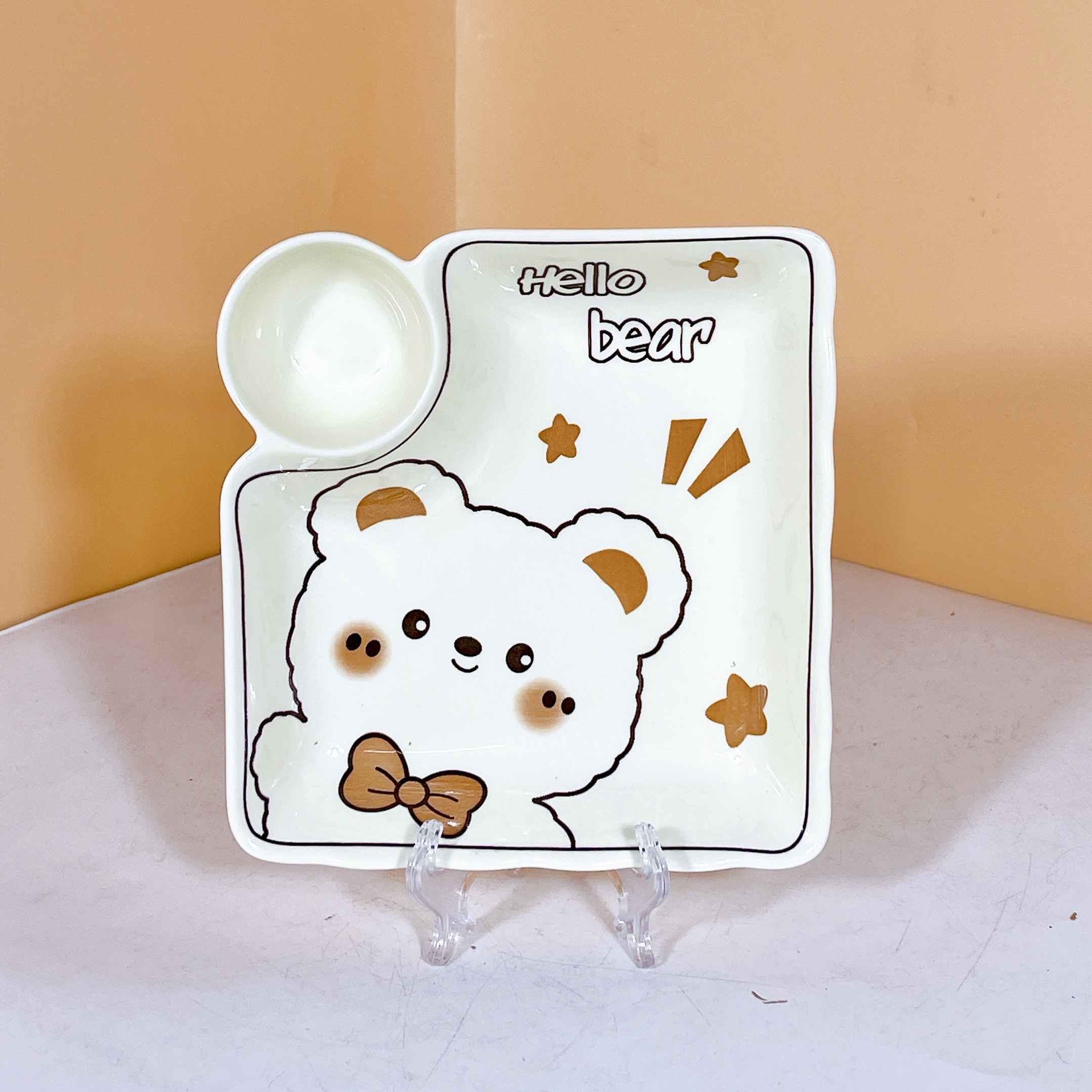 Bộ Bát Đĩa Gốm Sứ Cao Cấp Gosu Hình Gấu Cam Trắng Đáng Yêu