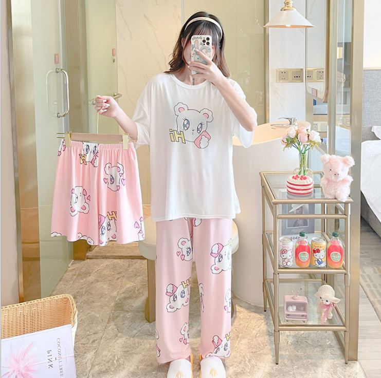 Bộ đồ bận nhà hoạt hình thun cotton mát siêu đáng yêu gồm 1 áo 1 quần ngắn 1 quần dài BK10