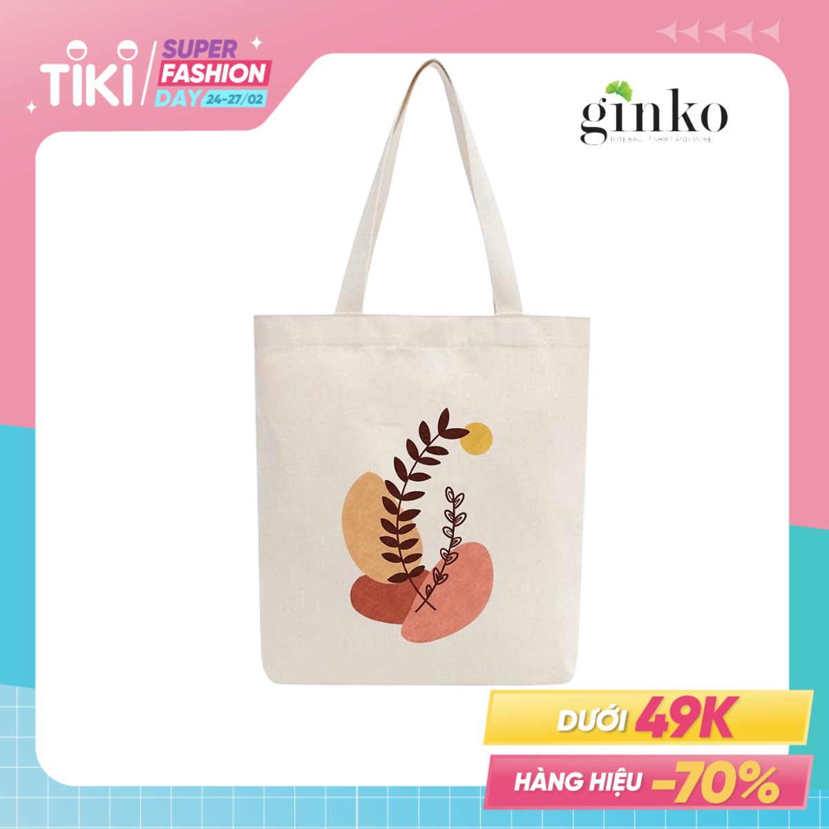 Túi Tote Vải Mộc Ginko kiểu basic có dây kéo khóa miệng túi đựng vừa laptop 14 inch và nhiều đồ dùng khác In Hình Minimalism Art M15