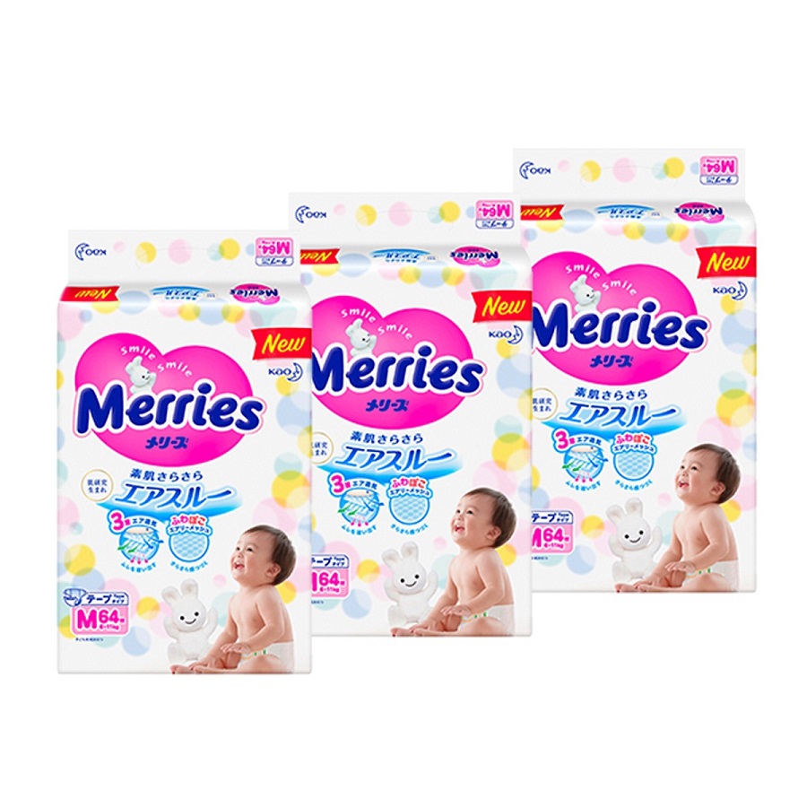 3 Gói Tã Dán Merries Size M - 64 Miếng (Cho Bé 6 - 11 Kg)