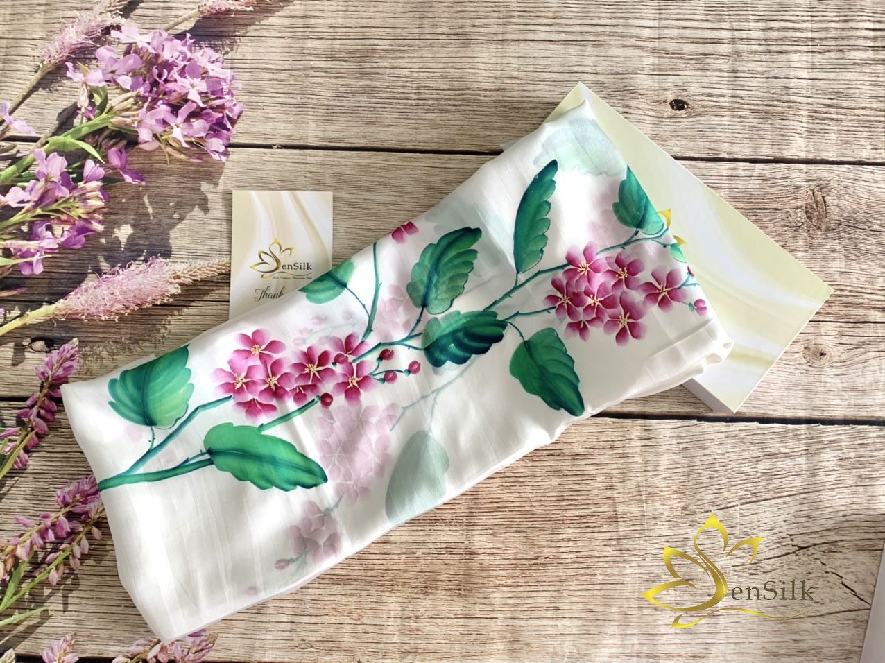 Khăn Lụa Vẽ Tay Hoa Bằng Lăng Tím SenSilk - Quà Kỷ Yếu 4.0 - Silk Scarf Hand Painted 160x55cm - Gift for Her Mother Event Business