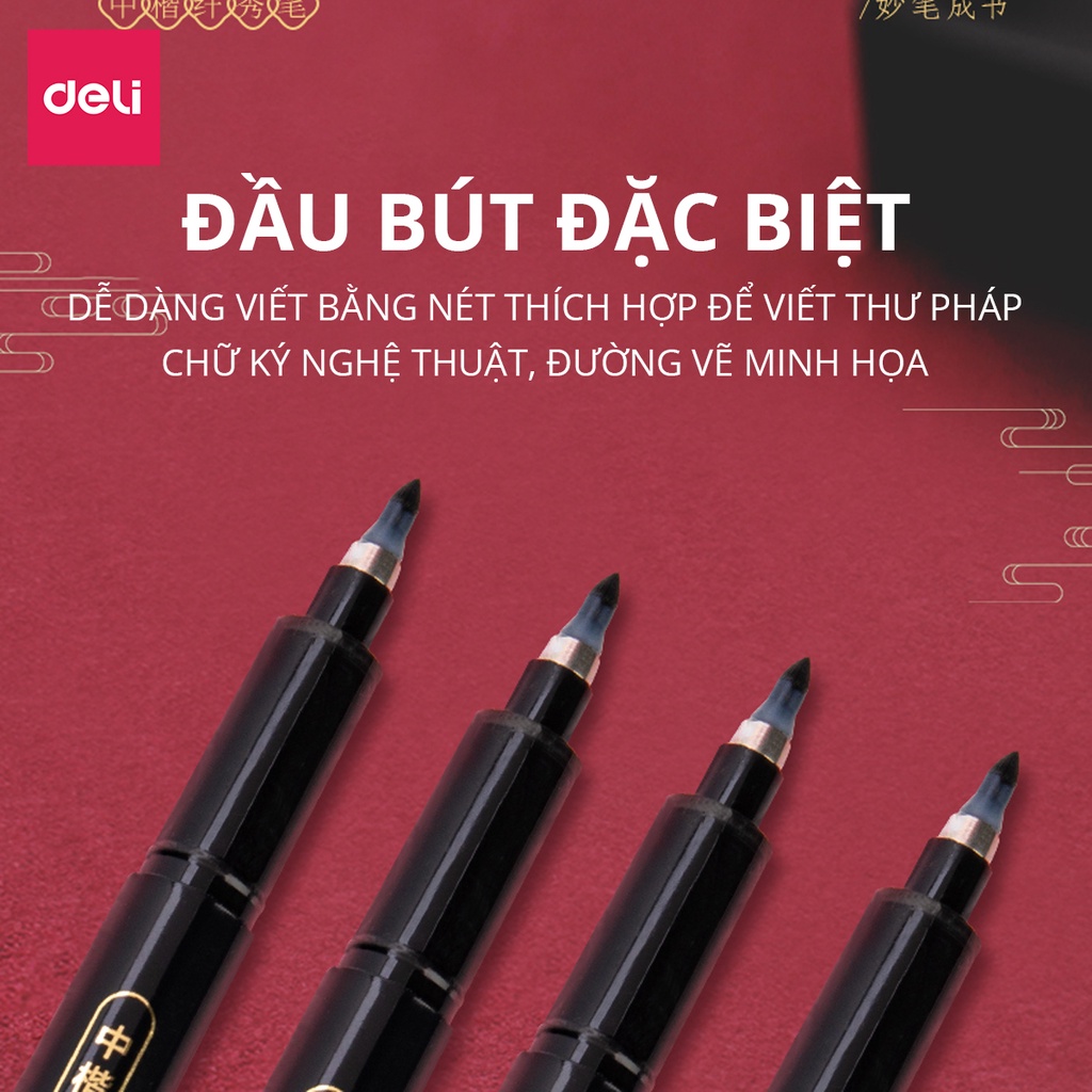 Bút viết thư pháp chữ Hán Calligraphy Deli - brush pen nhiều kích cỡ ngòi, có thể đổ thêm mực Deli 1 cây