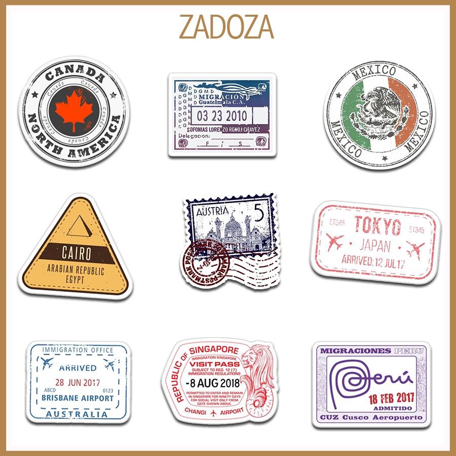 Sticker nhãn dán trang trí mũ bảo hiểm, đàn, guitar, ukulele, điện thoại laptop chủ đề retro visa stamp