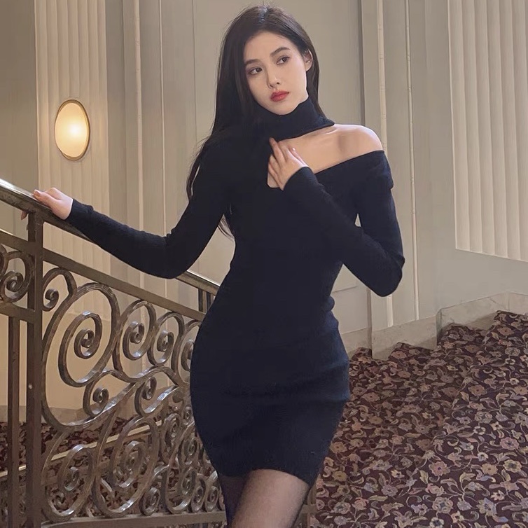 Đầm đẹp cổ cao khoét vai phong cách Hàn quốc ôm body tôn dáng mặc đi tiệc đi chơi đi du lịch hàng cao cấp có sẵn tại Han