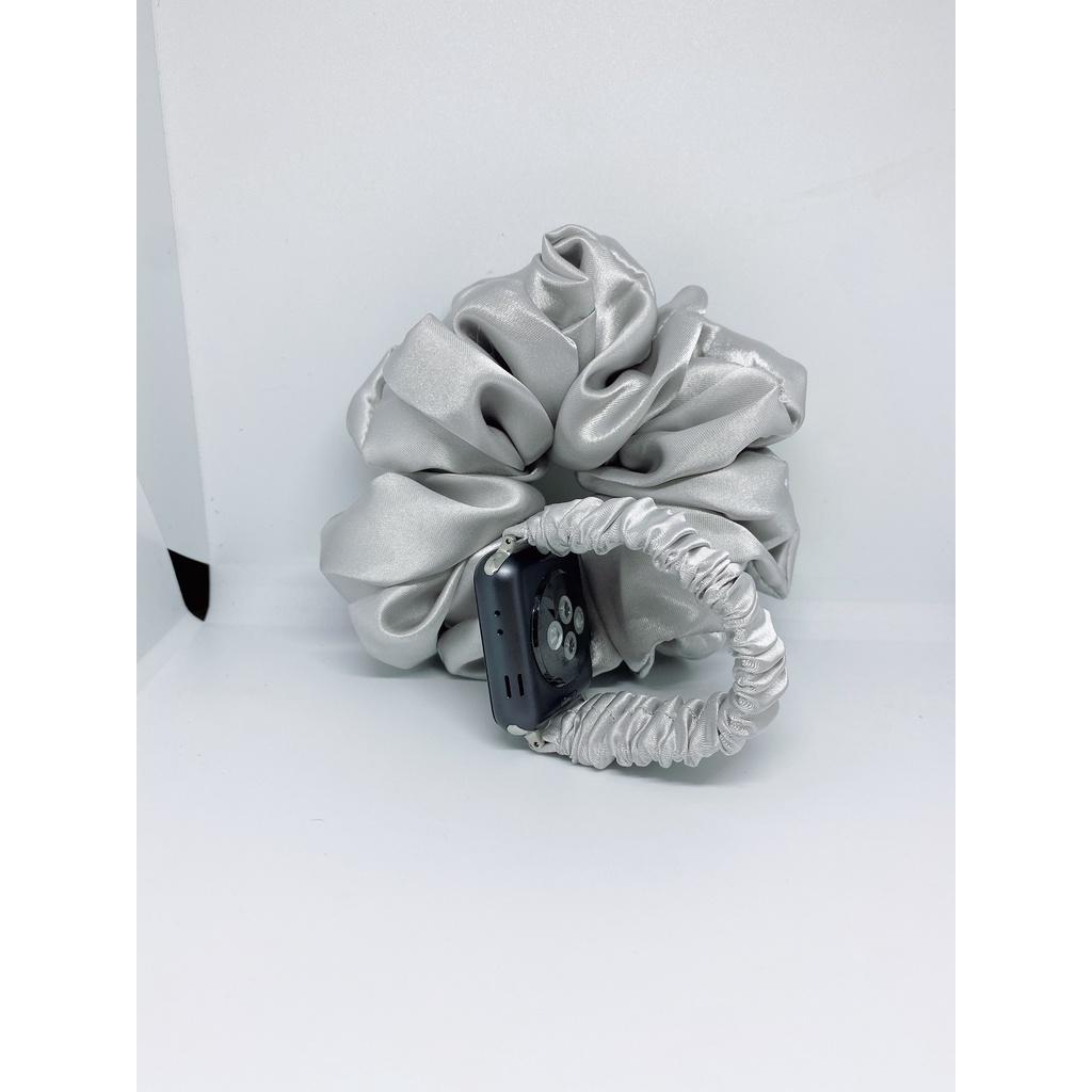 Combo dây đồng hồ apple watch và scrunchies dây cột tóc, buộc tóc vải satin lụa Bạc Noel