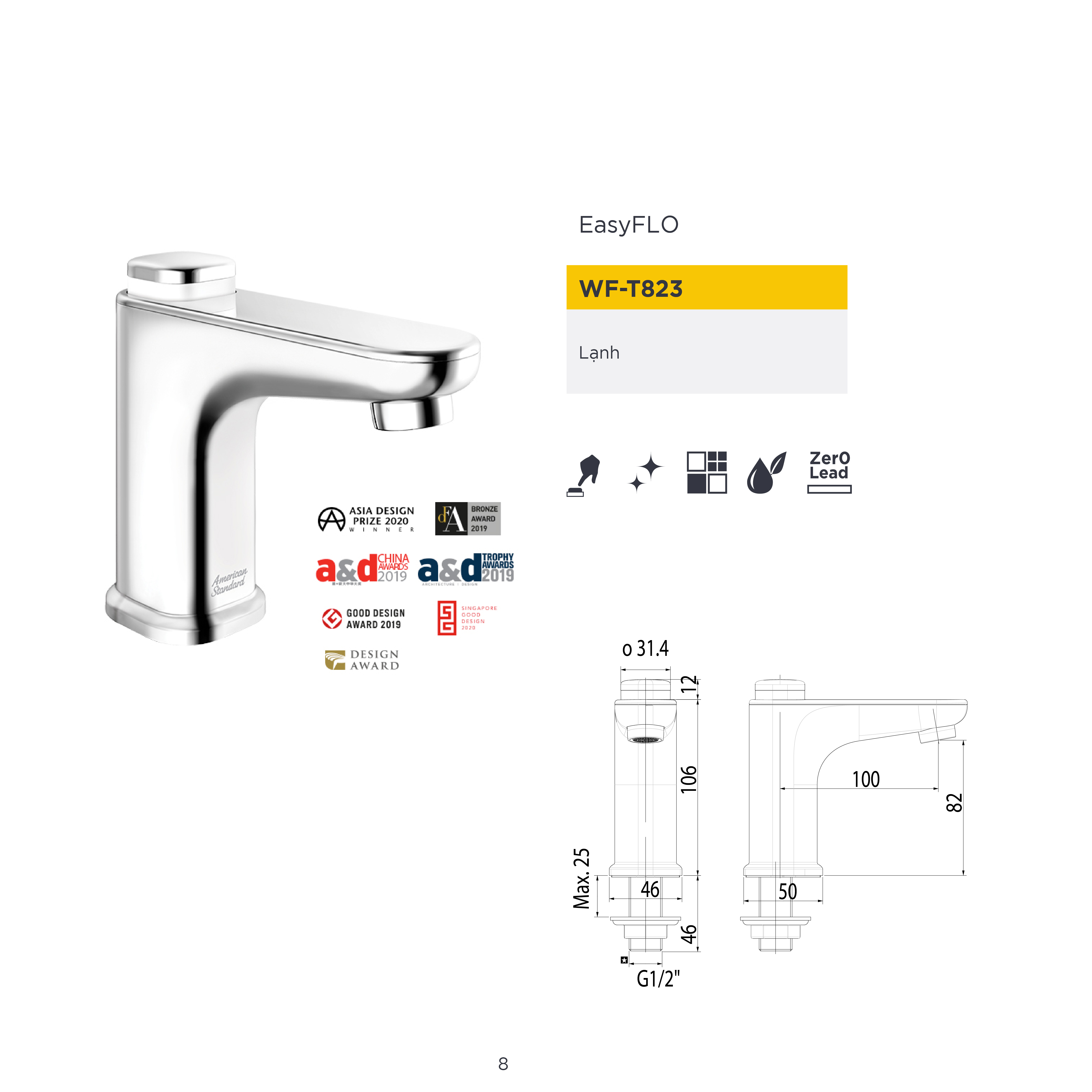 Vòi chậu rửa EasyFLO WF-T823 thương hiệu AMERICAN STANDARD – Thiết kế nút nhấn dễ mở, công nghệ Zero Lead an toàn cho sức khỏe