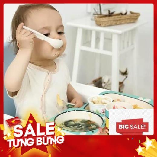 Bộ bát chén khay muỗng ăn dặm cho bé kiểu nhật 5 món đồ kèm thìa dĩa hình thú - bằng sợi tre an toàn FDA/EU