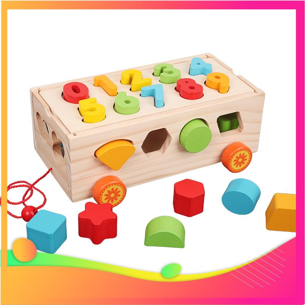 Xe Kéo Thả Hình Khối Đồ Chơi Gỗ Montessori ,Màu Sắc Đẹp,Luyện Kỹ Năng Tay và Học Màu Sắc,Hình Khối