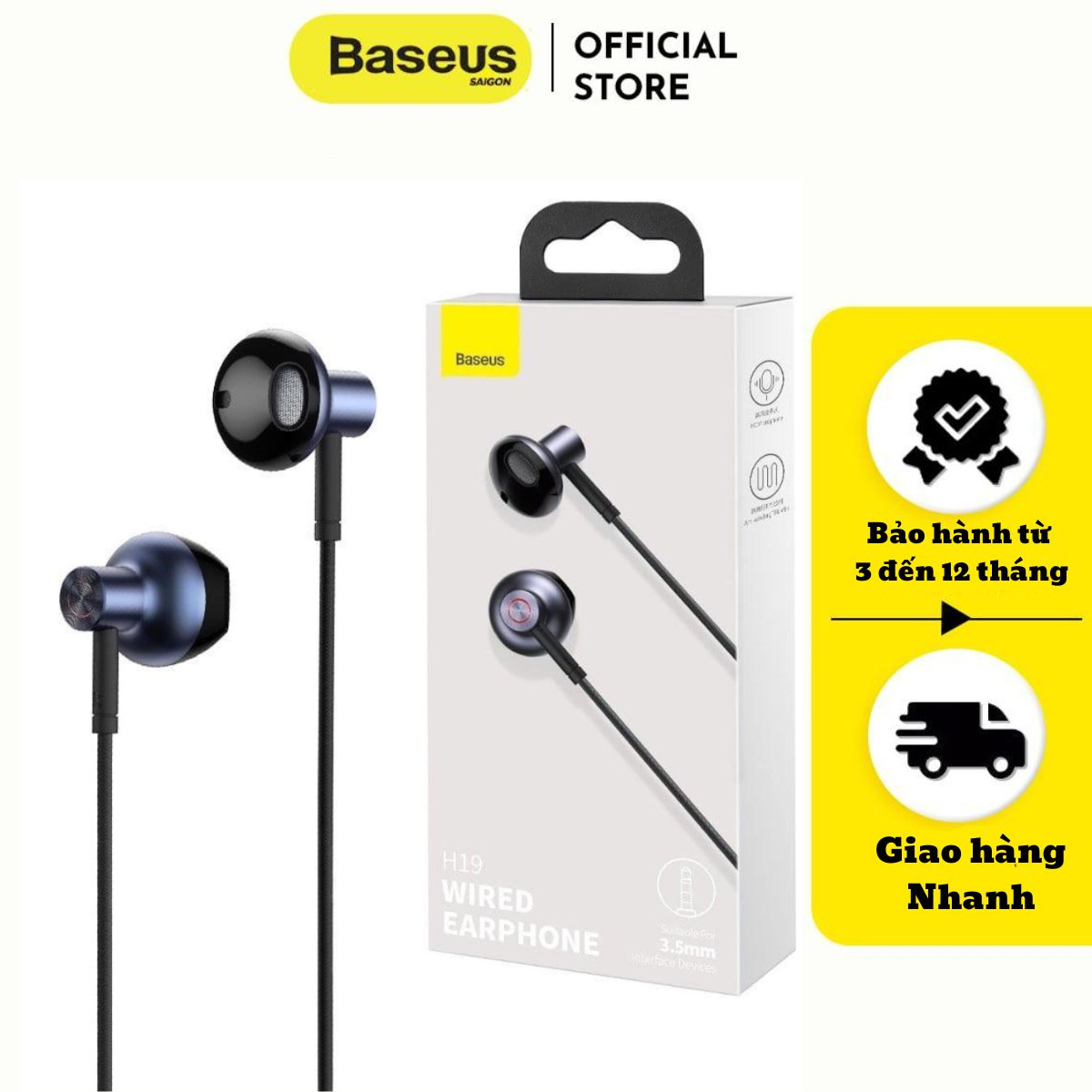 Tai nghe có dây Baseus Encok H19 (6D sound effect, HD microphone, AUX 3.5mm Wire Earphones) NGH19-01-Hàng chính hãng