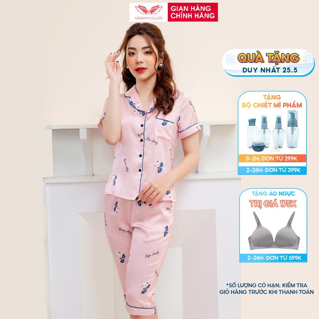 Đồ bộ nữ mặc nhà Pijama lụa Pháp VINGO tay ngắn quần lửng mặc mát mùa Hè họa tiết hoa hồng lé xanh thanh lịch H660 VNGO