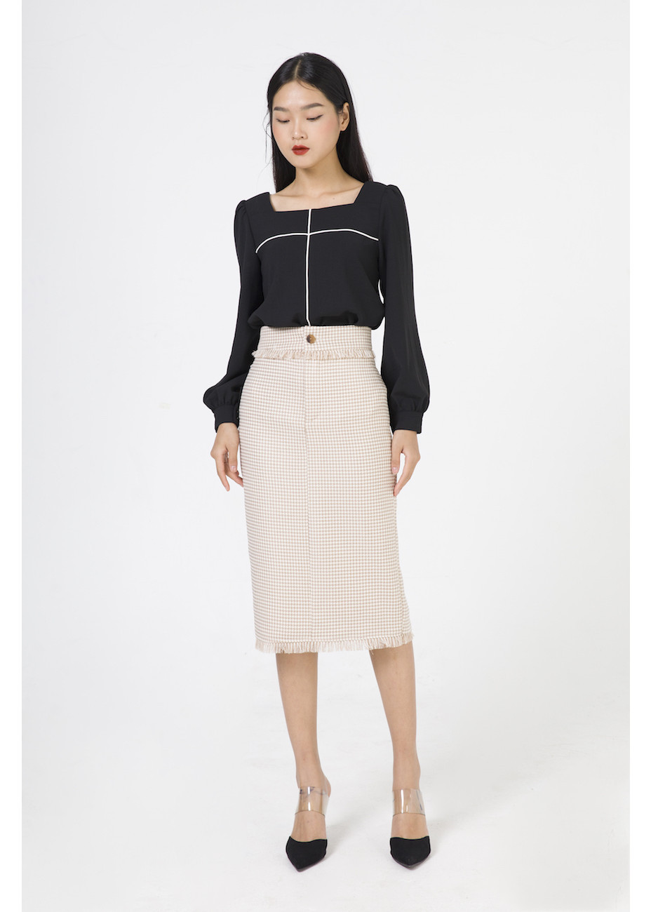 De Leah - Chân váy midi tweed tua rua - Trắng kem