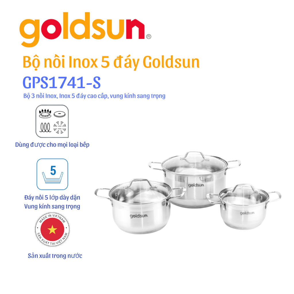 Bộ nồi inox 5 đáy Goldsun GPS1741-S- Hàng chính hãng