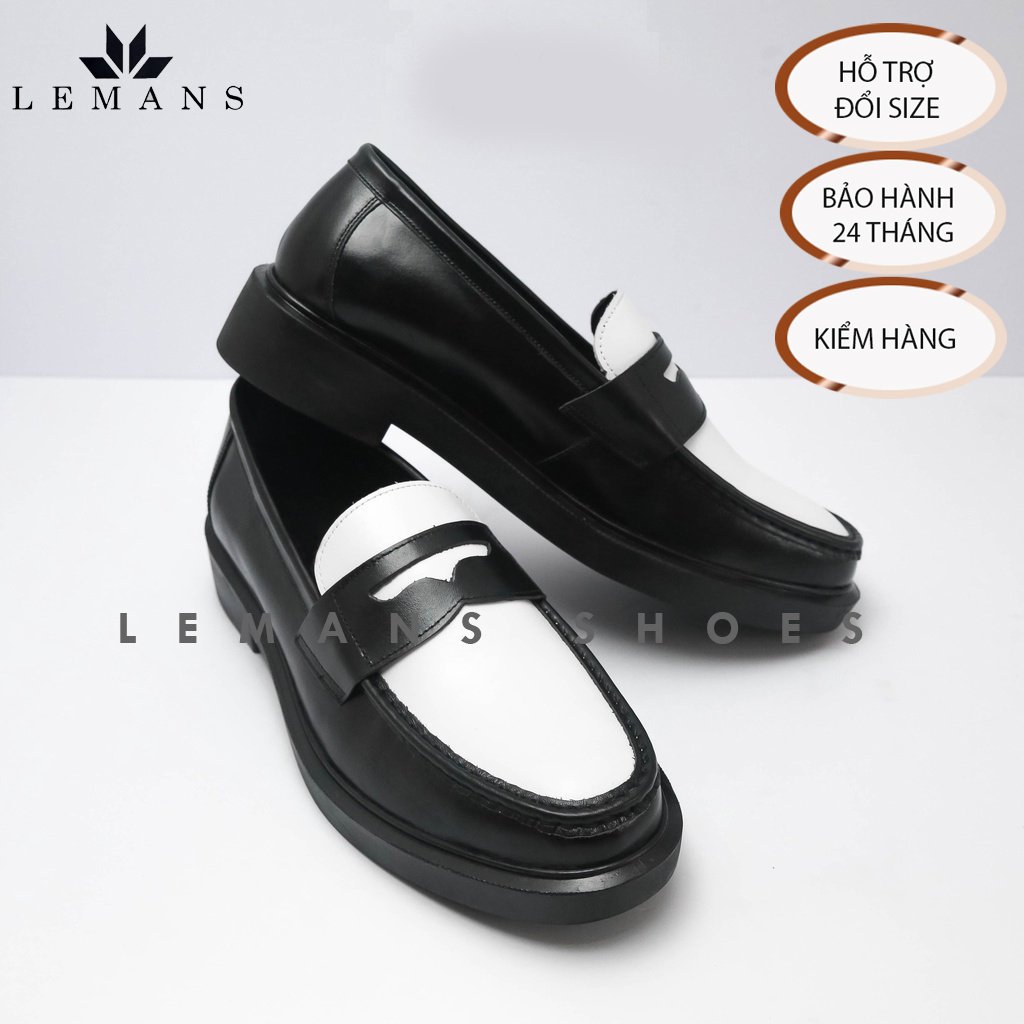 [TẶNG XI KO MÀU] Giày Penny Loafer da bò Trắng đen LEMANS, đế tăng chiều cao 4cm cho nam, giầy da, bảo hành 12-24 tháng