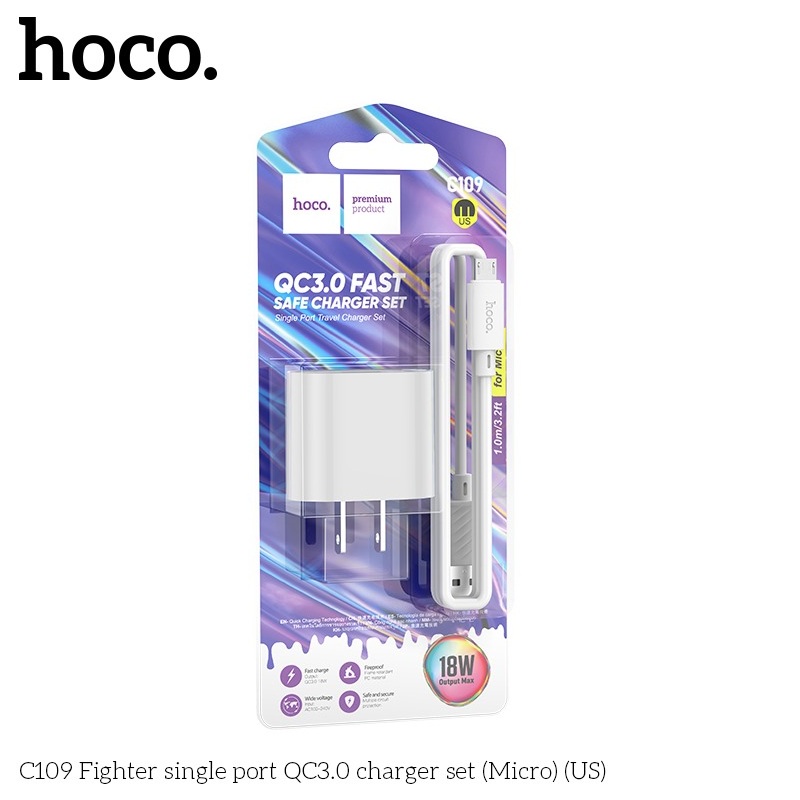 Bộ sạc nhanh 18W Hoco C12Q/C109 TypeC/MicroUsb hỗ trợ QC3.0 sạc nhanh 0-50% Pin Trong 30p dây sạc dài 1m - Hàng chính hãng